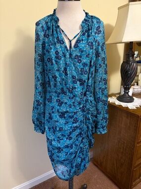 Veronica Beard Teal Floral Long-Sleeve Wrap Dress